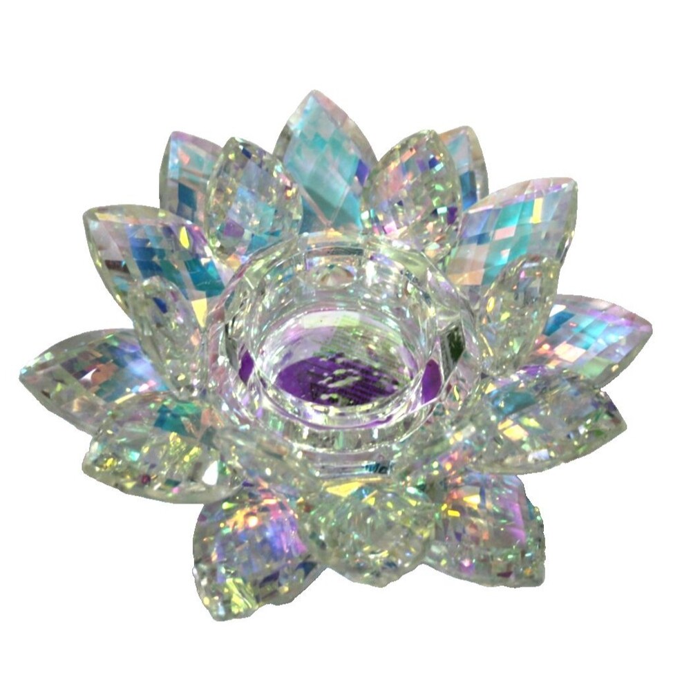 Iridescent Rainbow Crystal Lotus Flower Tealight Holder Votive Candle Holder 5.5
